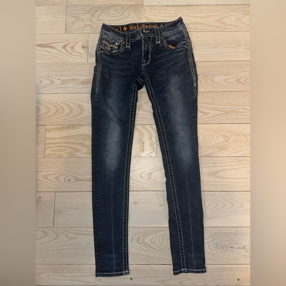 Rock Revival Oliana Skinny Jeans Size 25 Dark Wash Studded Fleur De Lis
